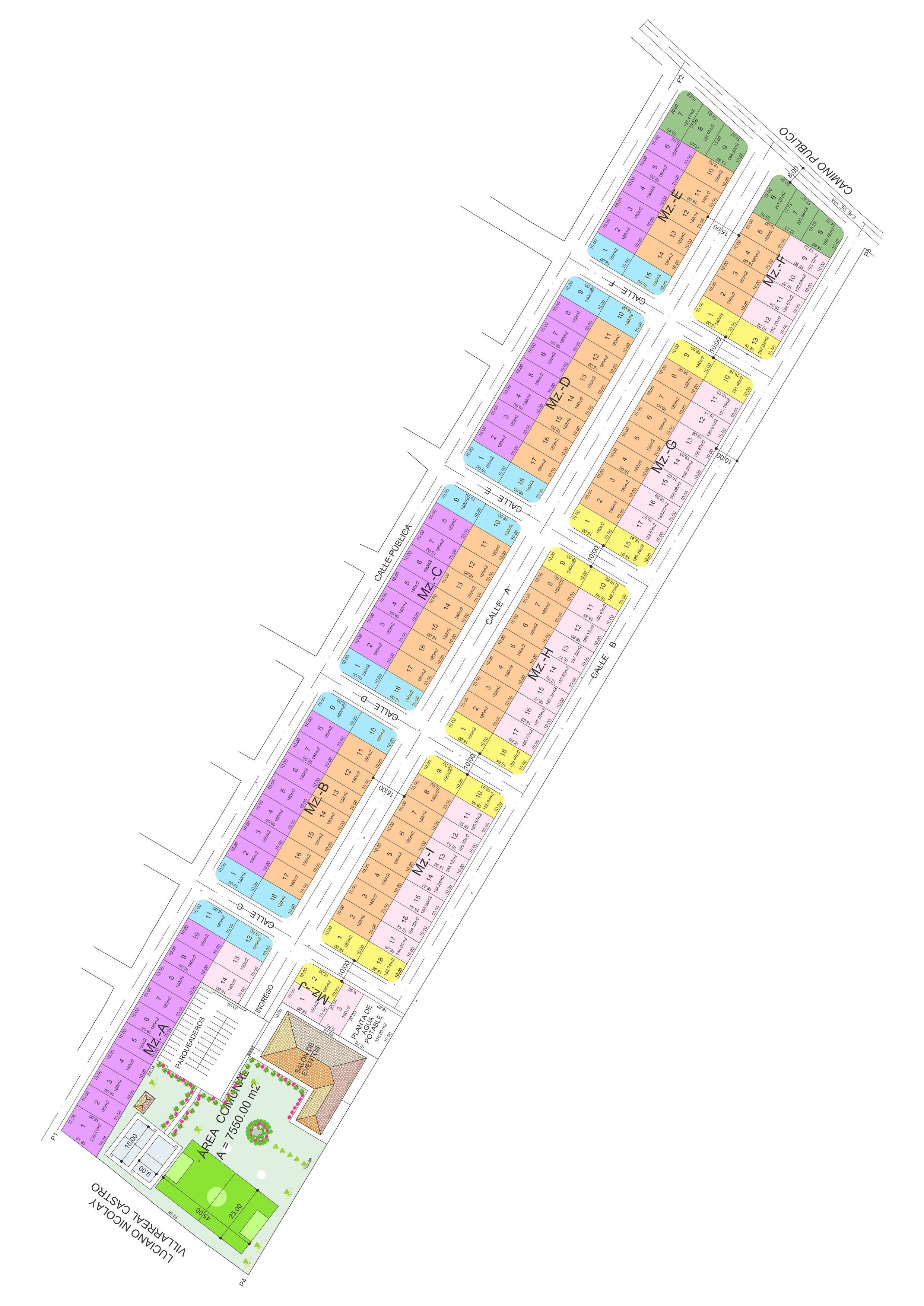 Plano detallado de la lotización mostrando la distribución de lotes, manzanas, calles y áreas comunales